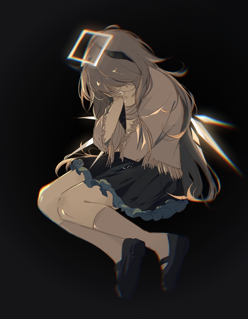 1girl arknights bandaged_arm bandages black_background black_footwear black_skirt commentary_request covering_own_eyes crying detached_wings fortuna_(arknights) fringe_trim full_body grey_hair grey_shirt grey_socks halo highres long_hair long_sleeves mirikashika shirt shoe_soles shoes simple_background skirt socks solo tears very_long_hair white_wings wide_sleeves wings