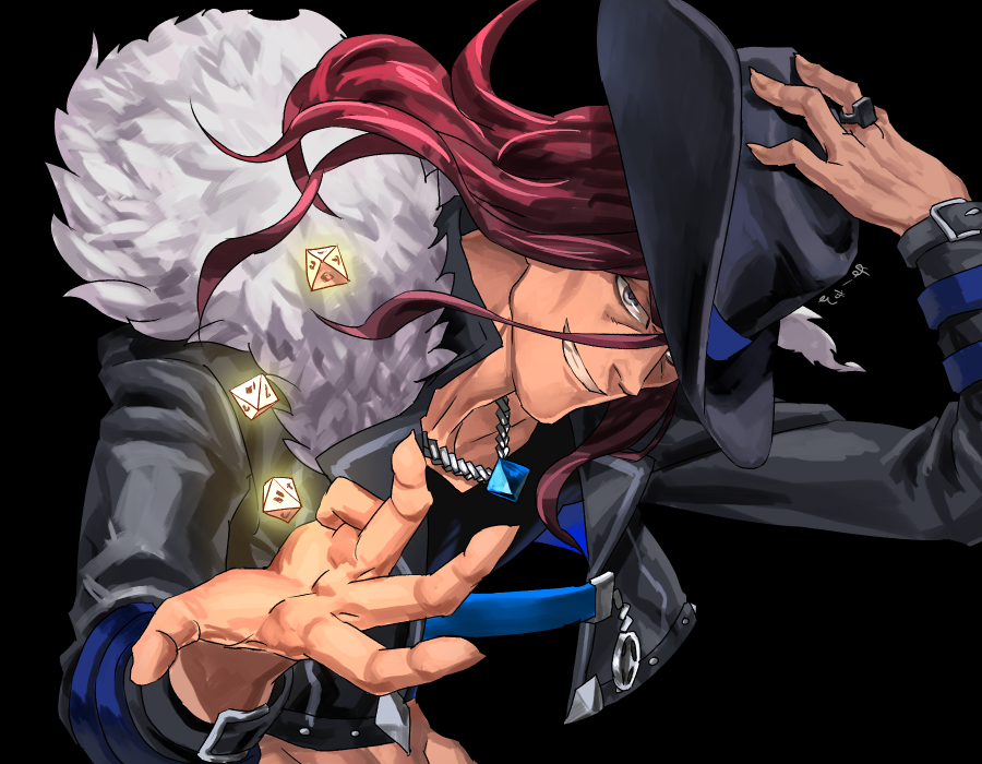 1boy artist_name black_background black_shirt commentary_request cropped_jacket dice fedora fur-trimmed_jacket fur_trim glowing grey_eyes grin hand_on_headwear hands_up hat jacket jewelry long_hair male_focus megido72 mephisto_(megido72) necklace oyatsu_(hana) redhead ring shirt simple_background smile solo upper_body