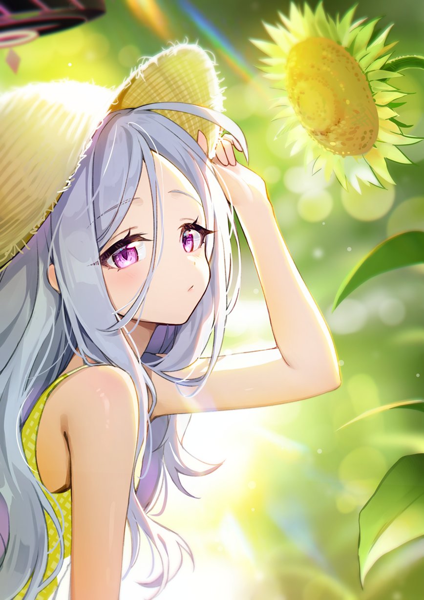1girl ahoge arms_up bare_arms bare_shoulders blue_archive closed_mouth dress flower hair_between_eyes halo hat highres hina_(blue_archive) holding holding_clothes holding_hat long_hair looking_at_viewer picter sleeveless solo sun_hat sunflower violet_eyes white_hair yellow_dress
