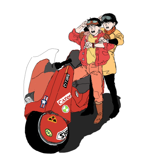 1boy 1girl akira back_to_the_future goggles goggles_on_head jacket kaneda_shoutarou's_bike kaneda_shoutarou_(akira) kei_(akira) open_mouth pants red_footwear red_jacket red_pants shadow short_hair simple_background sticker tora0820 white_background