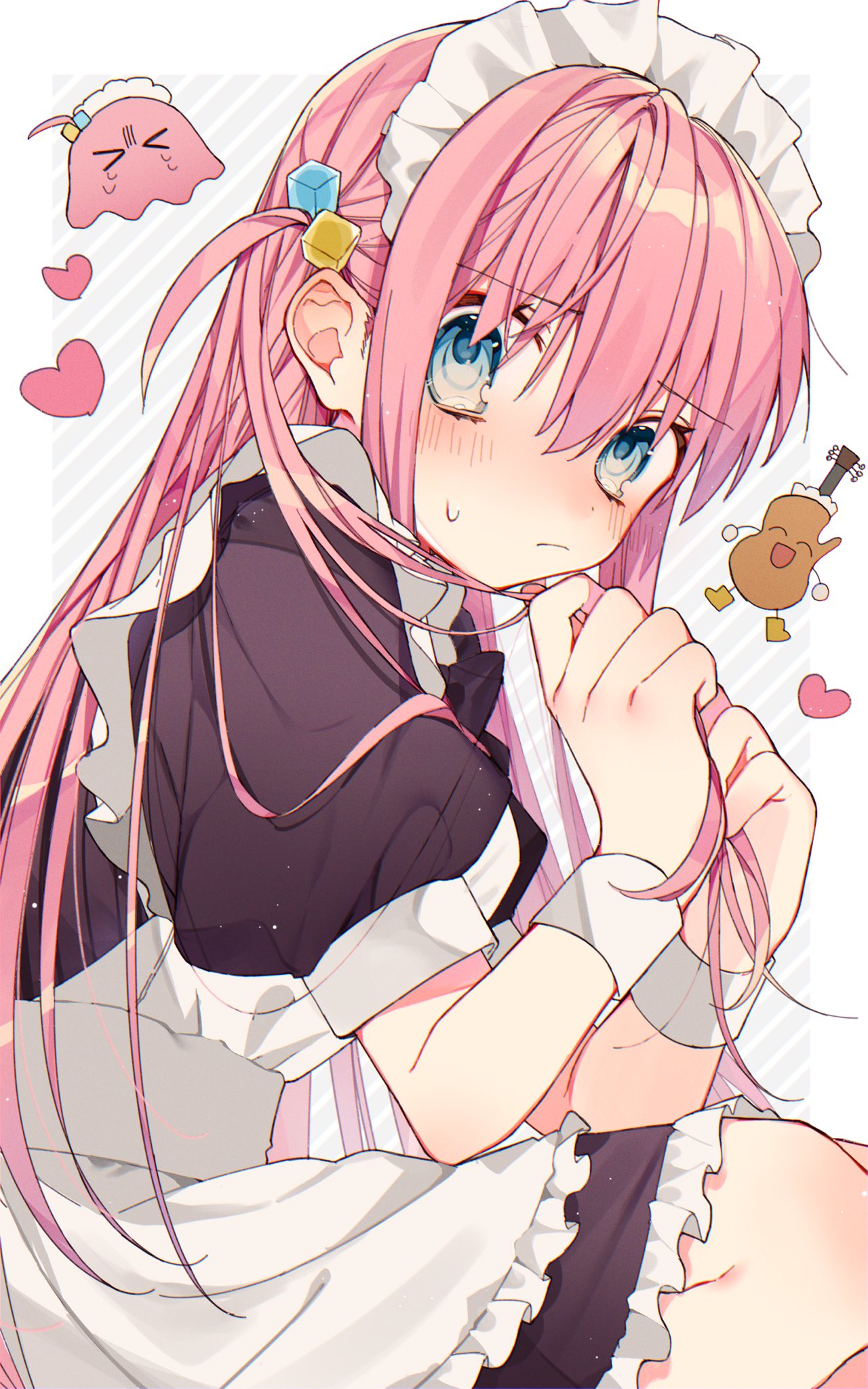 1girl alternate_costume apron black_dress blue_eyes blush bocchi_the_rock! closed_mouth cube_hair_ornament detached_collar diagonal_stripes dress enmaided frilled_apron frilled_dress frills gotou_hitori gotou_hitori_(octopus) hair_between_eyes hair_ornament heart highres long_hair looking_at_viewer maid maid_headdress one_side_up pink_hair puffy_short_sleeves puffy_sleeves short_sleeves solo striped striped_background usamimikurage white_apron