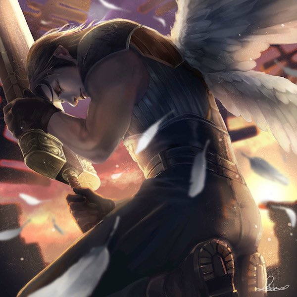 1boy angeal_hewley armor artist_name belt black_gloves black_hair blue_shirt blurry blurry_background blurry_foreground buster_sword closed_eyes crisis_core_final_fantasy_vii falling_feathers feathered_wings final_fantasy final_fantasy_vii gloves holding holding_sword holding_weapon kneeling male_focus medium_hair multiple_belts muscular muscular_male shirt shoulder_armor sideburns skk_o01 sleeveless sleeveless_turtleneck solo sword turtleneck weapon white_wings wings