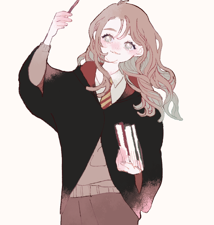 1girl black_cloak blush book brown_hair cloak collared_shirt commentary cowboy_shot grey_sweater harry_potter_(series) hermione_granger hogwarts_school_uniform holding holding_book holding_wand long_hair long_sleeves matatatatabi necktie parted_lips school_uniform shirt smile solo striped_necktie sweater wand wavy_hair white_background white_shirt wizarding_world