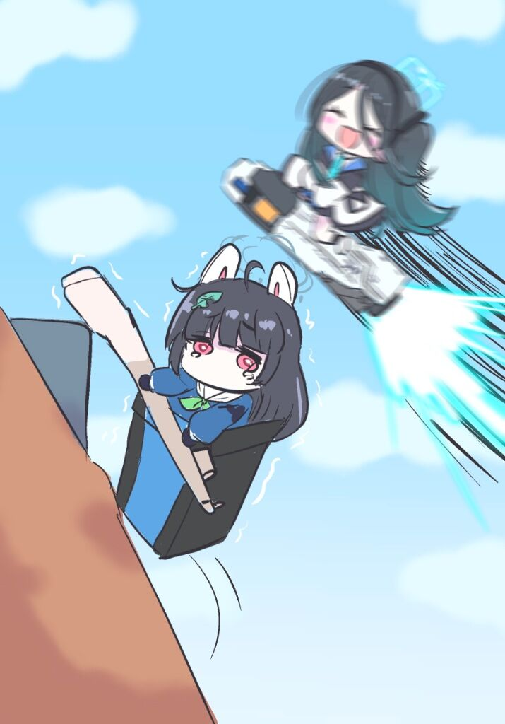 2girls ^_^ aris_(blue_archive) black_gloves black_hair blue_archive blue_necktie blue_sky blunt_bangs blurry chibi cliff climbing closed_eyes clouds cloudy_sky commentary_request crying crying_with_eyes_open depth_of_field firing flying getting_over_it giorgio_(yo_sumire_sola1) gloves gun hair_between_eyes halo happy holding holding_gun holding_weapon in_trash_can jacket jumping long_hair long_sleeves looking_at_viewer miyu_(blue_archive) motion_blur multicolored_clothes multicolored_jacket multiple_girls necktie one_side_up outdoors pleated_skirt railgun recycle_bin red_eyes riding rifle rocket school_uniform serafuku sidelocks sitting sketch skirt sky sniper_rifle tears trash_can trembling two-tone_jacket weapon