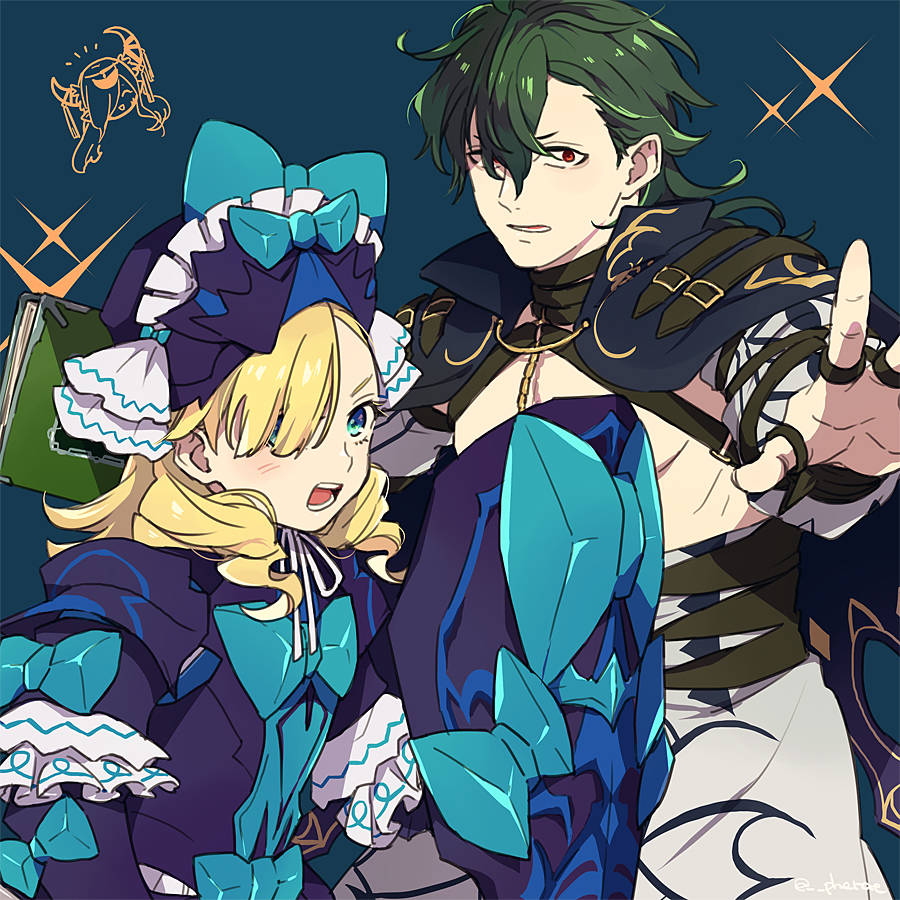 1boy 1girl armor blonde_hair blue_eyes book fire_emblem fire_emblem_engage frills green_hair gregory_(fire_emblem) guttary hair_between_eyes hair_over_one_eye hat hat_ribbon holding holding_book looking_at_viewer madeline_(fire_emblem) open_mouth outstretched_arms red_eyes ribbon short_hair wavy_hair