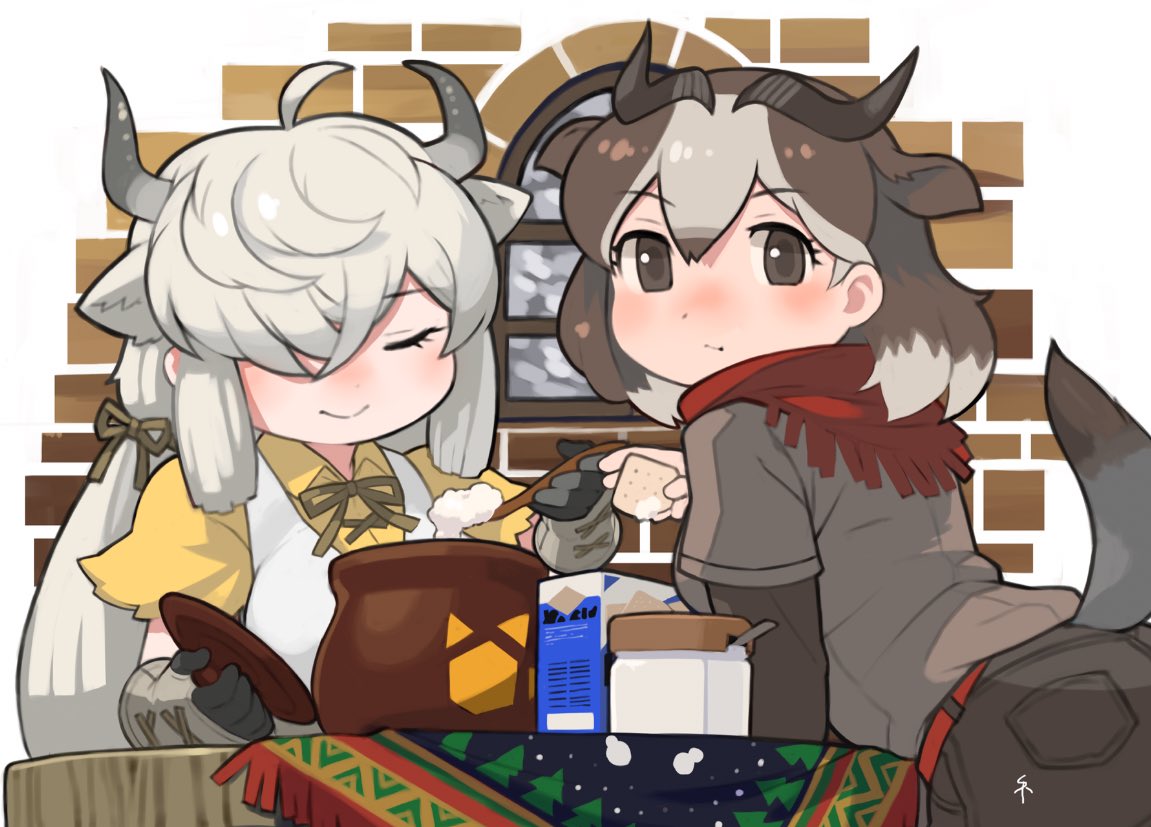 2girls animal_ears blush bow bowtie brown_bow brown_bowtie brown_eyes brown_hair brown_shirt brown_shorts closed_eyes dress extra_ears food frilled_sleeves frills gloves goat_ears goat_girl goat_horns goat_tail grey_gloves grey_hair hair_over_one_eye hair_tie horns kemono_friends long_hair long_sleeves looking_at_viewer multicolored_hair multiple_girls ox_ears ox_girl ox_horns red_scarf rinx scarf shirt short_hair shorts sidelocks smile spoon t-shirt table takin_(kemono_friends) twintails two-tone_hair white_dress white_hair yak_(kemono_friends) yellow_shirt