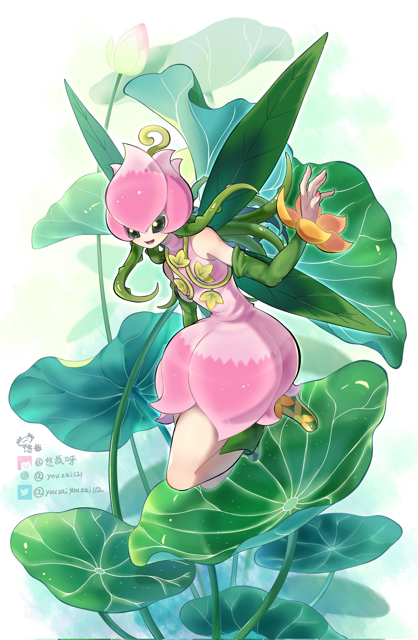 1girl :d artist_name bare_shoulders detached_sleeves digimon digimon_(creature) dress feet_up flat_chest green_background green_eyes green_sleeves highres lilimon long_hair multicolored_background open_mouth pink_dress plant smile solo tentacle_hair wings youzaiyouzai112