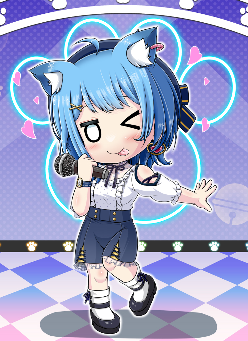 &gt;_o 1girl :p ahoge animal_ear_fluff animal_ears black_footwear black_ribbon blank_eyes blue_eyes blue_hair blue_headwear blue_skirt blush breasts cat_ears cat_girl closed_mouth clothing_cutout commentary_request earrings extra_ears frilled_shirt frilled_skirt frilled_sleeves frills full_body hair_ornament hat heart heart_earrings holding holding_microphone jewelry looking_at_viewer medium_breasts microphone miso_panda nanashi_inc. neck_ribbon one_eye_closed ribbon shirt shoes short_bangs short_hair shoulder_cutout single_earring skirt smile socks solo souya_ichika standing standing_on_one_leg tongue tongue_out virtual_youtuber watch watch white_shirt white_socks x_hair_ornament