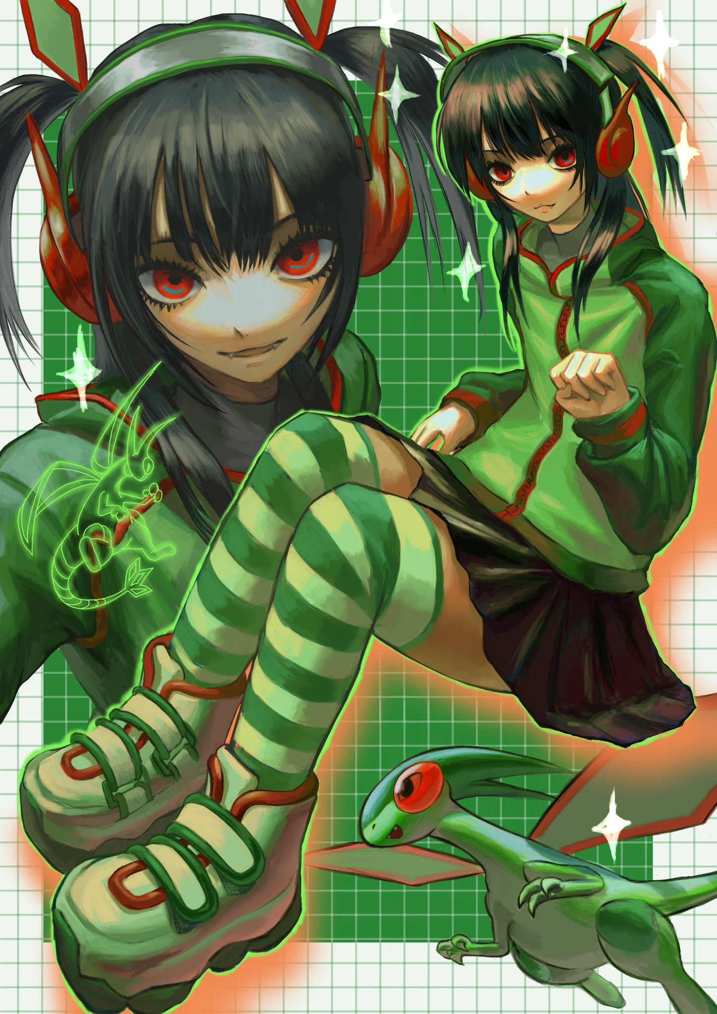 1girl :d black_hair black_skirt boots cardigan character_request claws clenched_hand closed_mouth colored_skin copyright_request creature dragon fangs floating flygon flying full_body gradient_outline green_background green_cardigan green_footwear green_outline green_skin green_sweater green_thighhighs green_wings headphones highres knees_up llchimera long_hair long_sleeves looking_at_viewer makeup mascara multiple_views open_mouth outline paw_pose pleated_skirt pokemon pokemon_(creature) red_eyes red_outline sitting skirt smile striped striped_thighhighs sweater thigh-highs tile_background two-tone_background two_side_up white_background wings zettai_ryouiki zipper