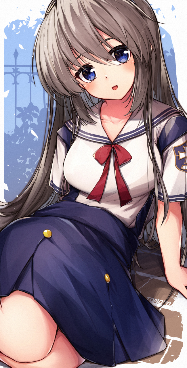 1girl :d arm_support blue_background blue_eyes blue_skirt blush breasts buttons character_name clannad collarbone commentary_request day dot_nose eyelashes eyes_visible_through_hair falling_petals hair_between_eyes head_tilt highres large_breasts leaning_back light_brown_hair long_hair looking_at_viewer marutenmaruten open_mouth outdoors petals red_ribbon ribbon sailor_collar sakagami_tomoyo school_uniform shirt short_sleeves sidelocks simple_background sitting skirt smile solo straight_hair suspender_skirt suspenders very_long_hair white_sailor_collar white_shirt yokozuwari