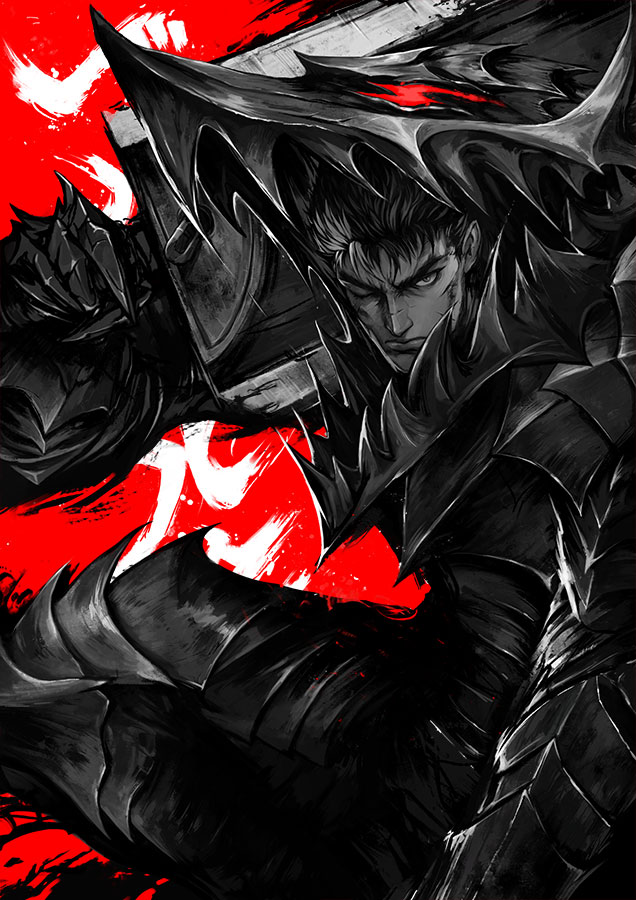 1boy armor berserk berserker_armor closed_mouth commentary dragonslayer_(sword) english_commentary full_armor guts_(berserk) holding holding_sword holding_weapon looking_at_viewer male_focus muju multicolored_hair one_eye_closed partially_colored red_background short_hair shoulder_armor solo spiky_hair streaked_hair sword weapon