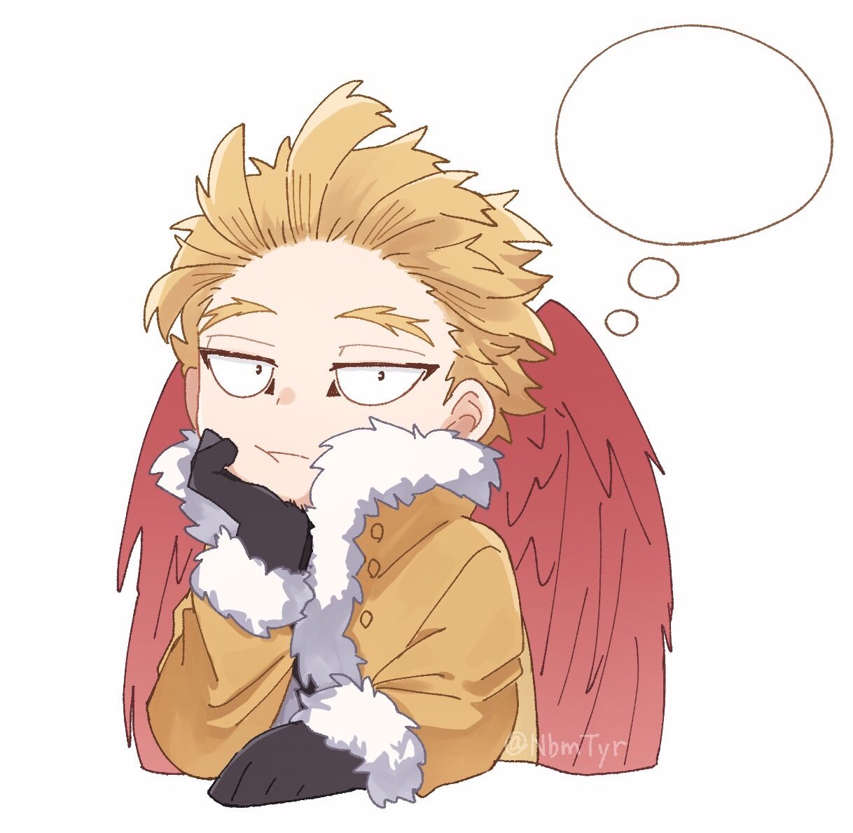 1boy black_gloves blank_thought_bubble blonde_hair boku_no_hero_academia brown_jacket closed_mouth feathered_wings fur-trimmed_jacket fur_trim gloves hawks_(boku_no_hero_academia) head_rest jacket long_sleeves looking_at_viewer male_focus nbmtyr red_wings short_hair simple_background solo thought_bubble twitter_username upper_body white_background wings