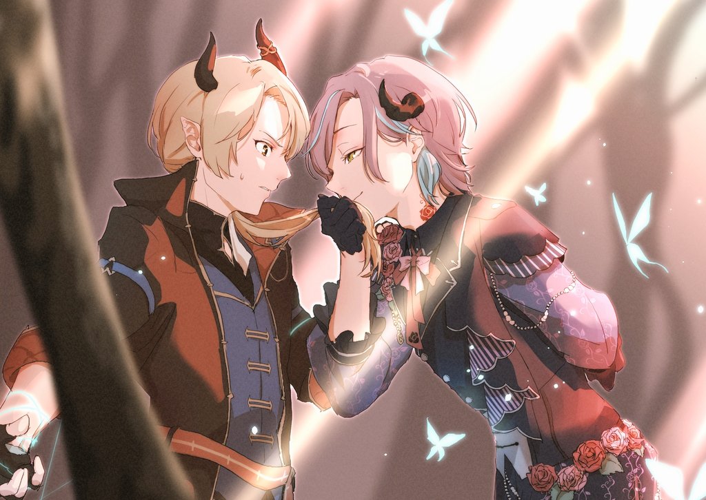 2boys 3nobu_nob aqua_hair arm_behind_back black_gloves blonde_hair blurry blurry_background bug butterfly buttons closed_mouth commentary_request demon_horns eye_contact fingerless_gloves flower flower_tattoo gloves high_collar holding holding_hair horns kamishiro_rui kissing_hair long_hair long_sleeves looking_at_another male_focus multicolored_hair multiple_boys neck_tattoo project_sekai purple_hair sleeves_past_elbows streaked_hair tattoo tenma_tsukasa upper_body yellow_eyes