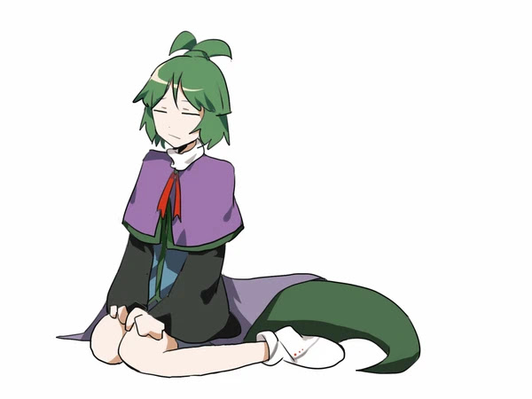 1other adagumo_no_saragimaru bad_id bad_pixiv_id black_sleeves blue_kimono blunt_bangs buttons capelet chinese_commentary closed_eyes closed_mouth collar collared_capelet commentary_request frown green_hair green_headwear green_trim hands_on_lap japanese_clothes kimono kokoroyado len'en long_sleeves no_shoes ponytail_holder purple_capelet short_hair short_ponytail sitting snake_tail socks tail wariza white_collar white_socks wide_sleeves