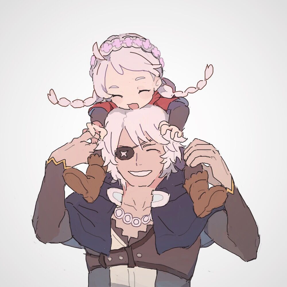 1boy 1girl age_regression aged_down ahoge akaneu boots braid closed_eyes eyepatch father_and_daughter fire_emblem fire_emblem_fates hairband happy leather leather_boots low_twin_braids niles_(fire_emblem) nina_(fire_emblem) parted_bangs smile twin_braids
