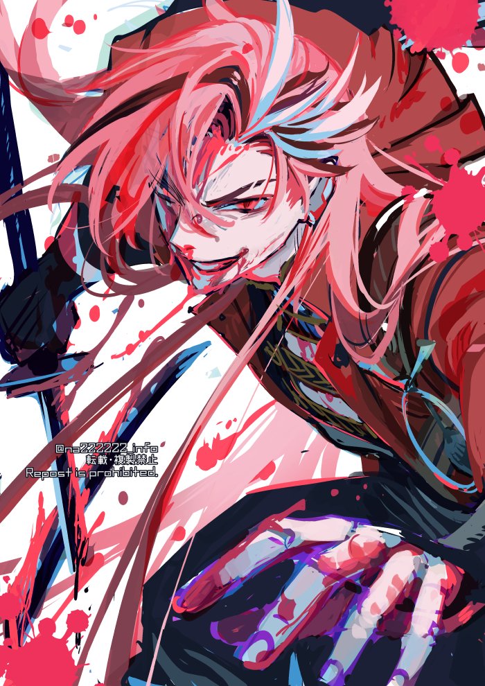 1boy artist_name black_gloves blood blood_on_face blood_on_hands blood_on_weapon earrings eyebrow_cut fate/grand_order fate_(series) fingerless_gloves gloves hair_over_one_eye holding holding_sword holding_weapon jacket japanese_clothes jewelry long_hair looking_at_viewer male_focus multicolored_hair na222222 nagatekkou red_eyes redhead simple_background smile solo streaked_hair sword takasugi_shinsaku_(fate) upper_body weapon white_background white_hair