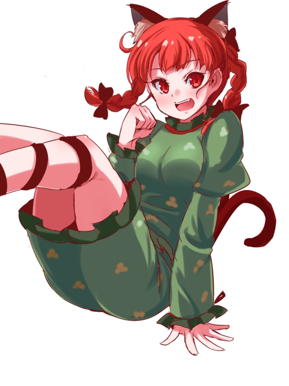 1girl :d animal_ear_fluff animal_ears arm_support ass black_bow blush bow braid breasts cat_ears cat_tail commentary_request dress extra_ears fang feet_out_of_frame floating_hair floral_print frills green_dress hair_bow hair_ribbon hand_up happy juliet_sleeves kaenbyou_rin legs_up long_hair long_sleeves looking_at_viewer medium_breasts multiple_tails nekomata open_mouth paw_pose puffy_sleeves reclining red_eyes redhead remiria100 ribbon simple_background sitting sleeves_past_wrists smile solo tail teeth touhou tress_ribbon twin_braids two_tails upper_teeth_only white_background