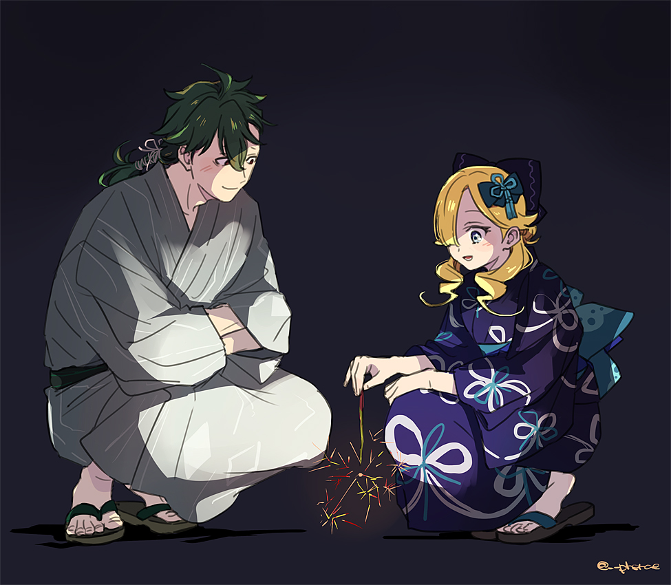 1boy 1girl alternate_costume blonde_hair blue_eyes closed_mouth fire_emblem fire_emblem_engage green_hair gregory_(fire_emblem) guttary hair_between_eyes hair_over_one_eye hair_ribbon japanese_clothes kimono kneeling looking_at_another madeline_(fire_emblem) open_mouth red_eyes ribbon short_hair wavy_hair yukata