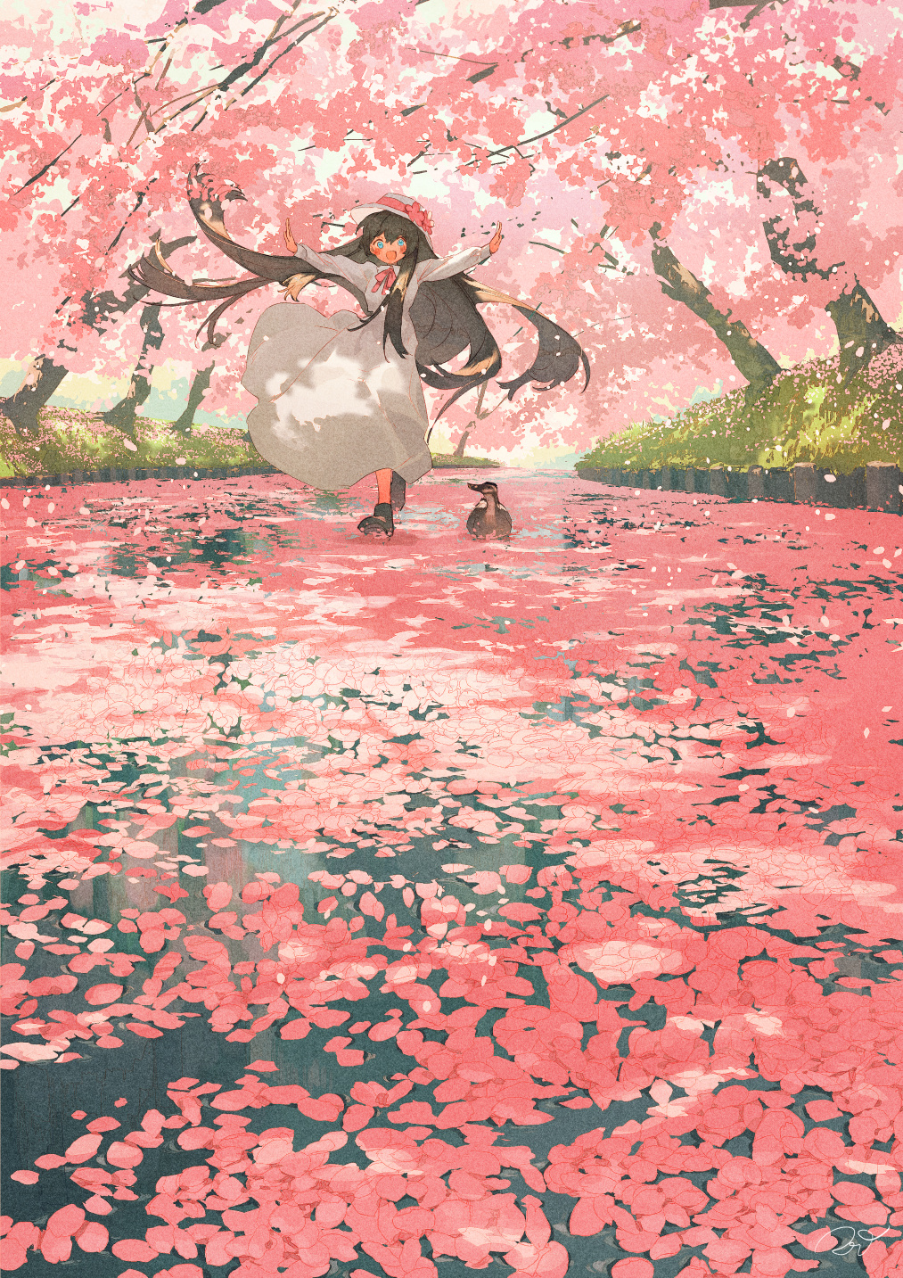 1girl :o bird blue_eyes blush_stickers bow brown_hair cherry cherry_blossoms day dress duck falling_petals floating_clothes floating_hair food fruit full_body grass hat hat_bow highres landscape long_dress long_hair nature open_mouth original outdoors outstretched_arms petals pink_bow potg_(piotegu) river scenery smile solo spring_(season) tree very_long_hair wading white_dress white_headwear wide_shot wind
