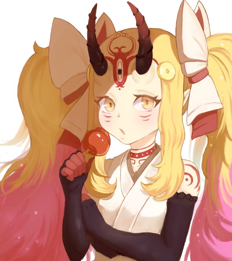 1girl alternate_hairstyle black_sleeves blonde_hair bow candy_apple collarbone eyelashes facial_mark fate/grand_order fate_(series) fingernails food forehead_mark gradient_hair holding holding_food horns ibaraki_douji_(fate) multicolored_hair oni oni_horns open_mouth pointy_ears qisaiman sharp_fingernails shoulder_tattoo solo tattoo twintails white_background white_bow yellow_eyes