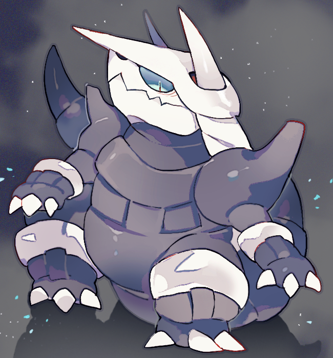 aggron akadako animal_focus bags_under_eyes blue_eyes claws closed_mouth commentary full_body grey_background grey_outline light_particles looking_at_viewer no_humans one-hour_drawing_challenge pokemon pokemon_(creature) profile shadow simple_background slit_pupils solo standing