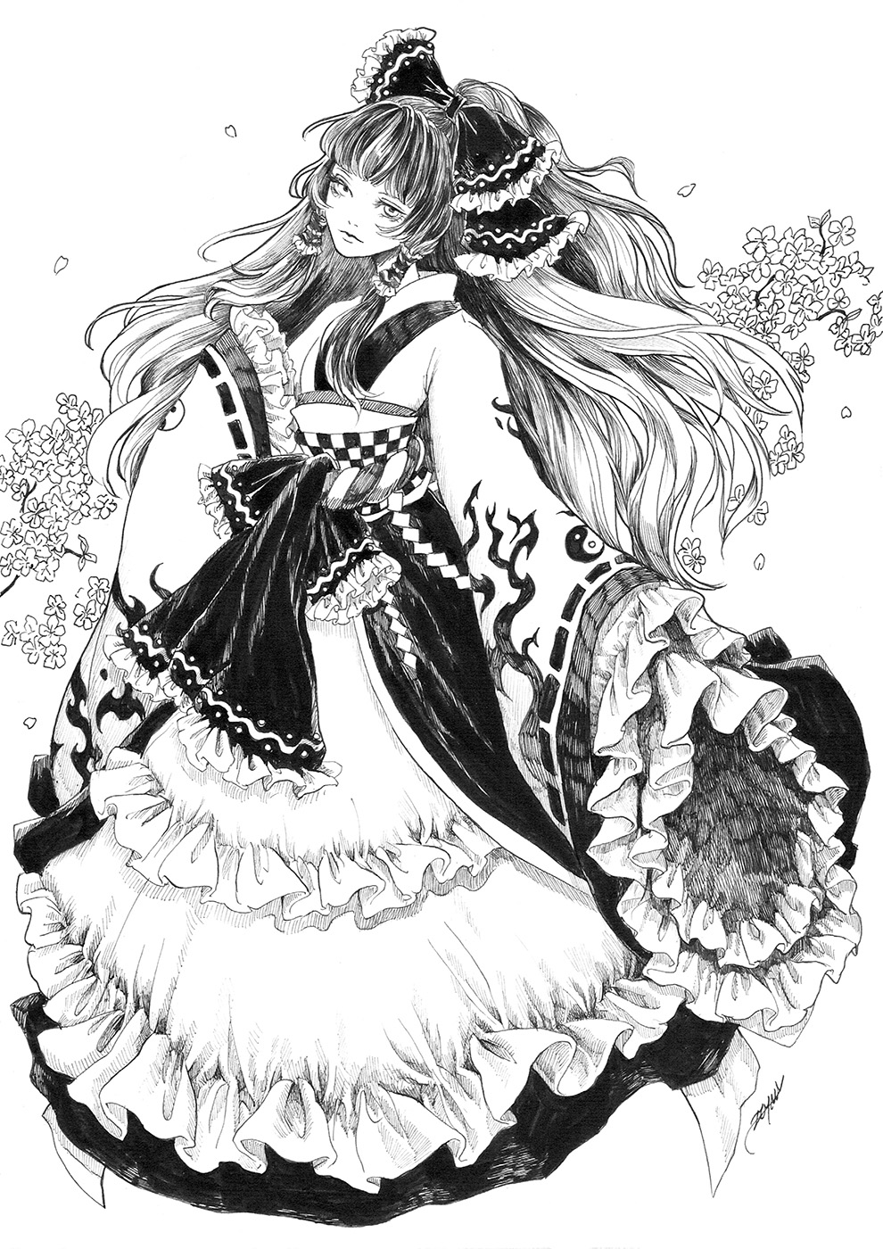 1girl alternate_costume bow cherry_blossoms closed_mouth embellished_costume expressionless eyelashes floating_hair frills full_body greyscale hair_bow hair_tubes hakurei_reimu highres johnalay long_hair looking_at_viewer monochrome nostrils sidelocks simple_background sleeves_past_fingers sleeves_past_wrists solo standing touhou traditional_media very_long_hair