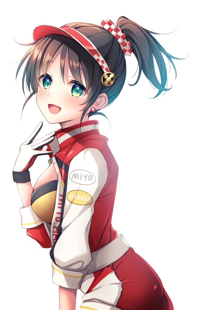 black_hair character_name earrings english_text gloves green_eyes harada_miyo idolmaster idolmaster_cinderella_girls idolmaster_cinderella_girls_starlight_stage jewelry jumpsuit mizukoshi_mayu ponytail racequeen red_jumpsuit red_scrunchie red_visor scrunchie second-party_source short_hair simple_background smile sports_bra white_background yellow_sports_bra