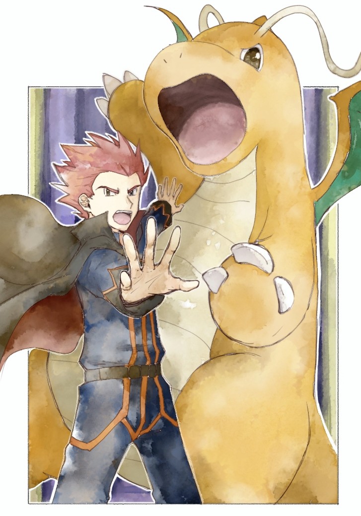 1boy asuka_rkgk belt cape claws dragonite floating_cape jacket lance_(pokemon) looking_at_viewer male_focus open_mouth pants pokemon pokemon_(creature) pokemon_(game) pokemon_hgss redhead short_hair spiky_hair spread_fingers teeth tongue upper_teeth_only