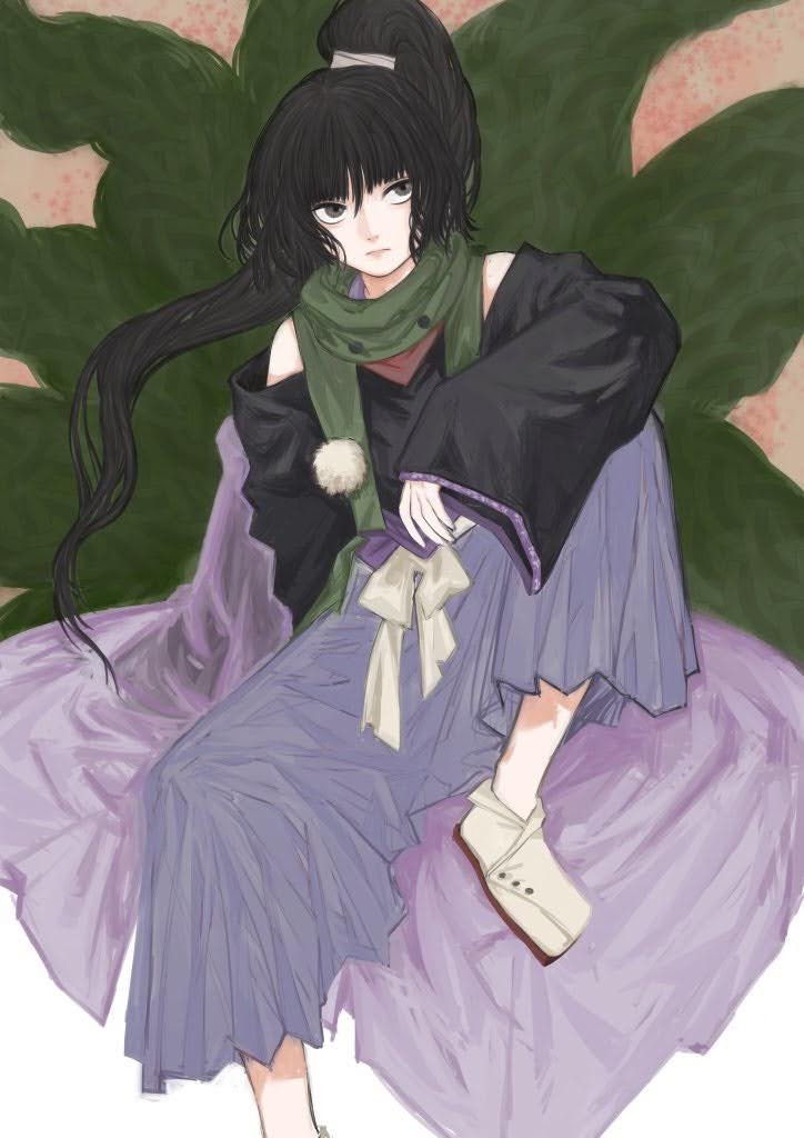 1other adagumo_no_yaorochi arm_on_knee artist_request black_hair black_sleeves brown_background buttons cape closed_mouth coat detached_sleeves floral_print frown green_coat green_scarf grey_eyes hakama hakama_pants japanese_clothes leg_up len'en long_hair long_sleeves multiple_tails pants pom_pom_(clothes) protected_link purple_cape purple_pants purple_trim red_scarf sandals scarf side_ponytail sitting snake_tail socks tail white_socks wide_sleeves