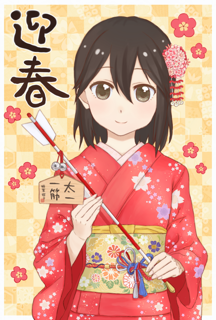 1girl 2013 arrow_(projectile) bell black_hair brown_eyes checkered_background closed_mouth commentary ema floral_background floral_print flower hair_between_eyes hair_flower hair_ornament hamaya happy_new_year holding holding_arrow inaba_himeko japanese_clothes jingle_bell kimono kokoro_connect kuroeri_(primelo) long_bangs looking_at_viewer new_year obi obijime pink_flower pink_kimono print_kimono sash short_hair smile solo standing upper_body wide_sleeves yellow_background yellow_sash