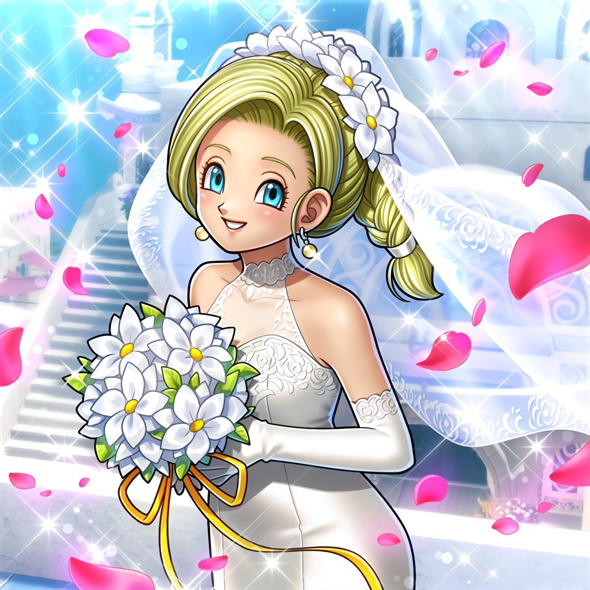 1girl bianca_(dq5) blonde_hair blue_eyes bouquet breasts cape dragon_quest dress earrings highres jewelry medium_breasts non-web_source official_art smile solo wedding_dress white_dress