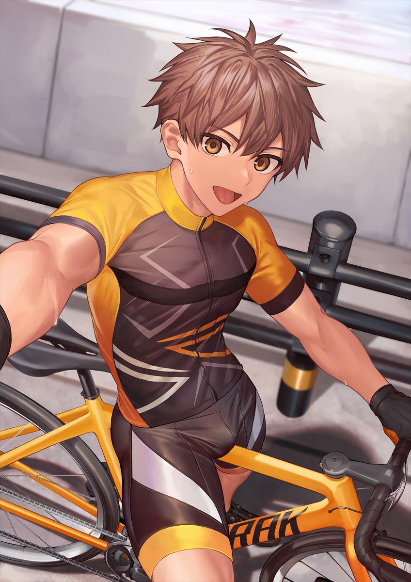 1boy bicycle bike_jersey bike_shorts black_gloves black_shorts brown_eyes brown_hair cycling_uniform gloves highres looking_at_viewer male_focus muscular muscular_male nayoshi_(r-744) open_mouth original outdoors short_hair shorts solo sweat thick_thighs thighs