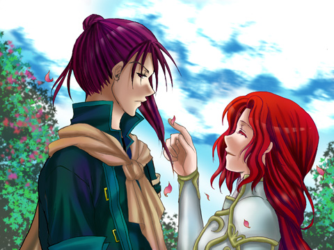 1boy 1girl ^_^ armor breastplate closed_eyes clouds fire_emblem fire_emblem:_path_of_radiance height_difference hetero holy_pledge long_hair looking_at_viewer lowres outdoors petals pointing ponytail purple_hair redhead shinon_(fire_emblem) smile titania_(fire_emblem) tree