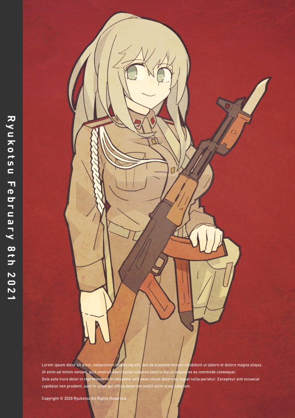 1girl akm ammunition_pouch aqua_eyes arm_at_side artist_name assault_rifle bayonet belt breasts brown_belt brown_pants brown_shirt buttoned_cuffs buttons collar_tabs collared_shirt commentary_request copyright dated english_text feet_out_of_frame grey_hair gun hair_between_eyes hair_over_shoulder kalashnikov_rifle large_breasts latin_text leaning_to_the_side long_hair lorem_ipsum military military_uniform original pants partial_commentary pouch red_background rifle ryuukotsu sheath shirt shoulder_boards sideways_glance simple_background sling smile soldier solo soviet soviet_army standing uniform weapon