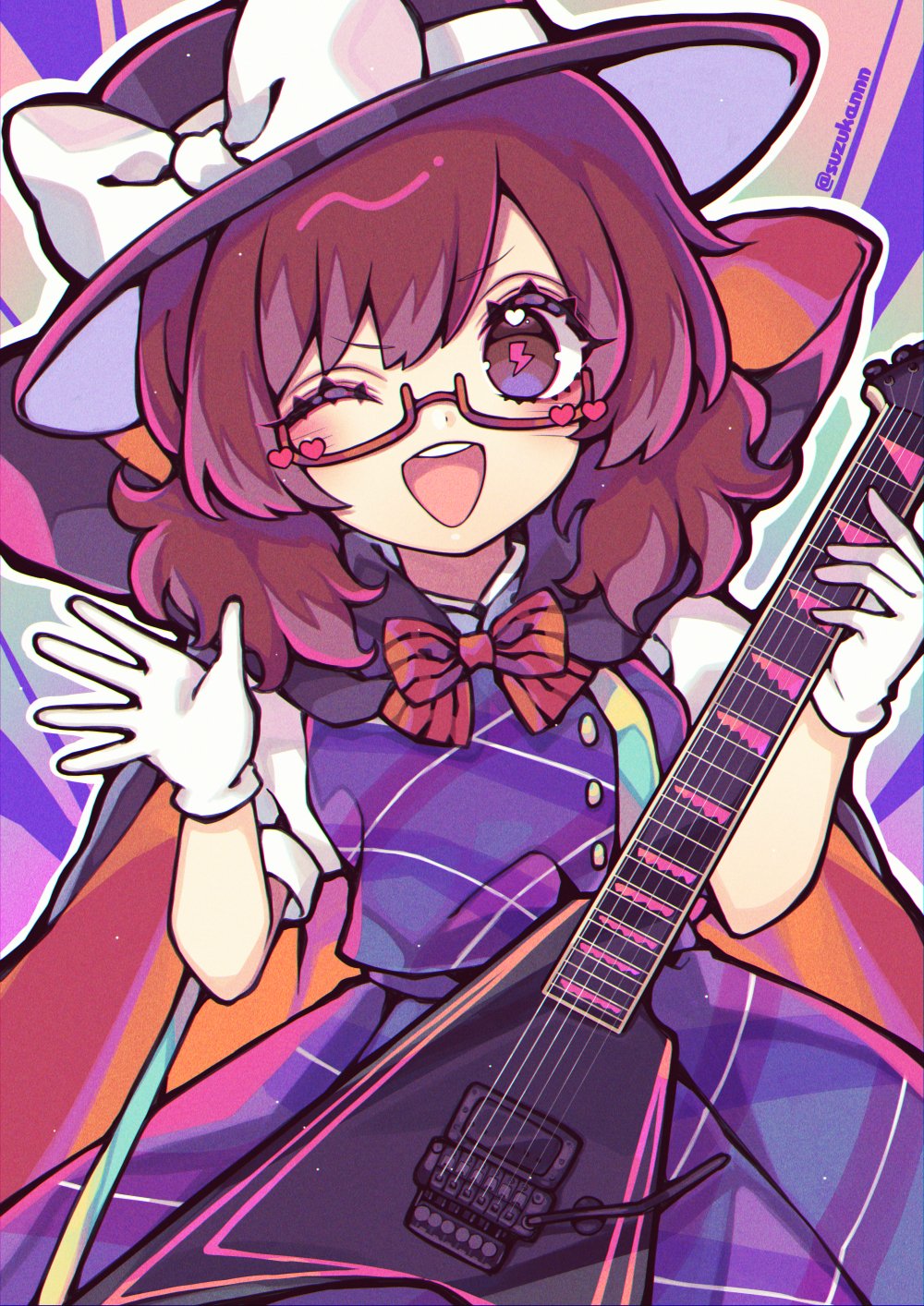 1girl blue_background blush bow bowtie breasts brown_eyes brown_hair buttons cloak clowk collared_shirt glasses gloves gradient_background guitar hair_between_eyes hands_up hat hat_bow heart highres holding holding_instrument instrument kyouda_suzuka lightning_bolt-shaped_pupils looking_at_viewer medium_breasts multicolored_background multicolored_hair one_eye_closed open_mouth orange_cloak pink_background pink_bow pink_bowtie pink_hair plaid plaid_skirt plaid_vest puffy_short_sleeves puffy_sleeves purple_background purple_cloak purple_headwear purple_skirt purple_vest shirt short_hair short_sleeves skirt skirt_set smile solo standing striped striped_background striped_bow striped_bowtie symbol-shaped_pupils teeth tongue touhou twitter_username two-tone_cloak usami_sumireko vest white_bow white_gloves white_shirt