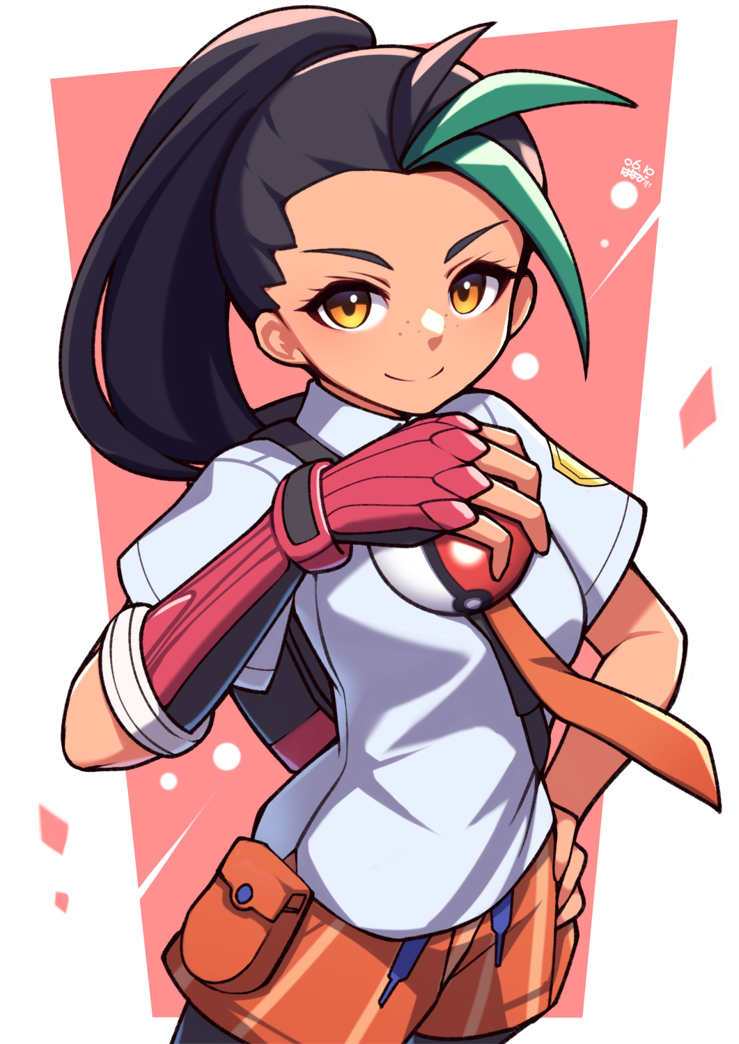 &gt;:) 1girl black_hair breasts closed_mouth commentary drawstring elbow_gloves fingerless_gloves forehead gloves green_hair hand_on_own_hip hand_up highres holding holding_poke_ball long_hair looking_at_viewer multicolored_hair necktie nemona_(pokemon) orange_eyes orange_necktie orange_shorts pantyhose pink_background poke_ball poke_ball_(basic) pokemon pokemon_(game) pokemon_sv ponytail red_gloves shirt short_shorts short_sleeves shorts single_glove small_breasts smile solo streaked_hair striped striped_shorts thick_eyebrows two-tone_background umenodo v-shaped_eyebrows vertical-striped_shorts vertical_stripes white_background white_shirt