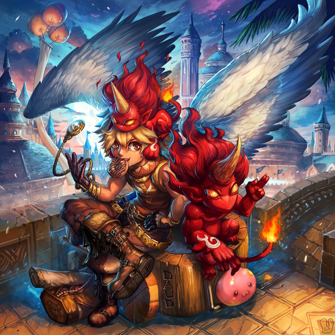 1boy belt black_gloves blonde_hair boots bridge brown_footwear building character_request colored_skin commission demon doughnut english_commentary feathered_wings flame-tipped_tail food food_in_mouth gloves male_focus mouth_hold poring ragnarok_online red_skin redhead sa-dui short_hair sitting white_wings wings