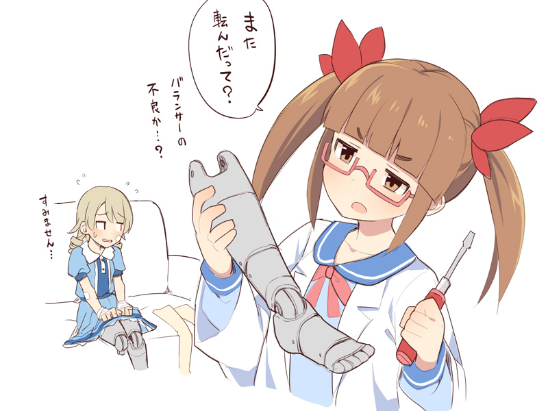 2girls android blue_dress blue_sailor_collar blue_shirt blunt_bangs blush bow brown_eyes brown_hair coat collarbone collared_shirt couch cropped_torso dress flying_sweatdrops glasses hair_ribbon head_tilt holding idolmaster idolmaster_cinderella_girls ikebukuro_akiha lab_coat long_hair long_sleeves mechanical_legs mechanical_parts morikubo_nono multiple_girls on_couch open_clothes open_coat open_mouth pink-framed_eyewear puffy_short_sleeves puffy_sleeves red_bow red_ribbon revision ribbon ringlets sailor_collar screwdriver semi-rimless_eyewear shirt short_sleeves simple_background sitting sweat translated twintails uccow under-rim_eyewear upper_body v-shaped_eyebrows white_background