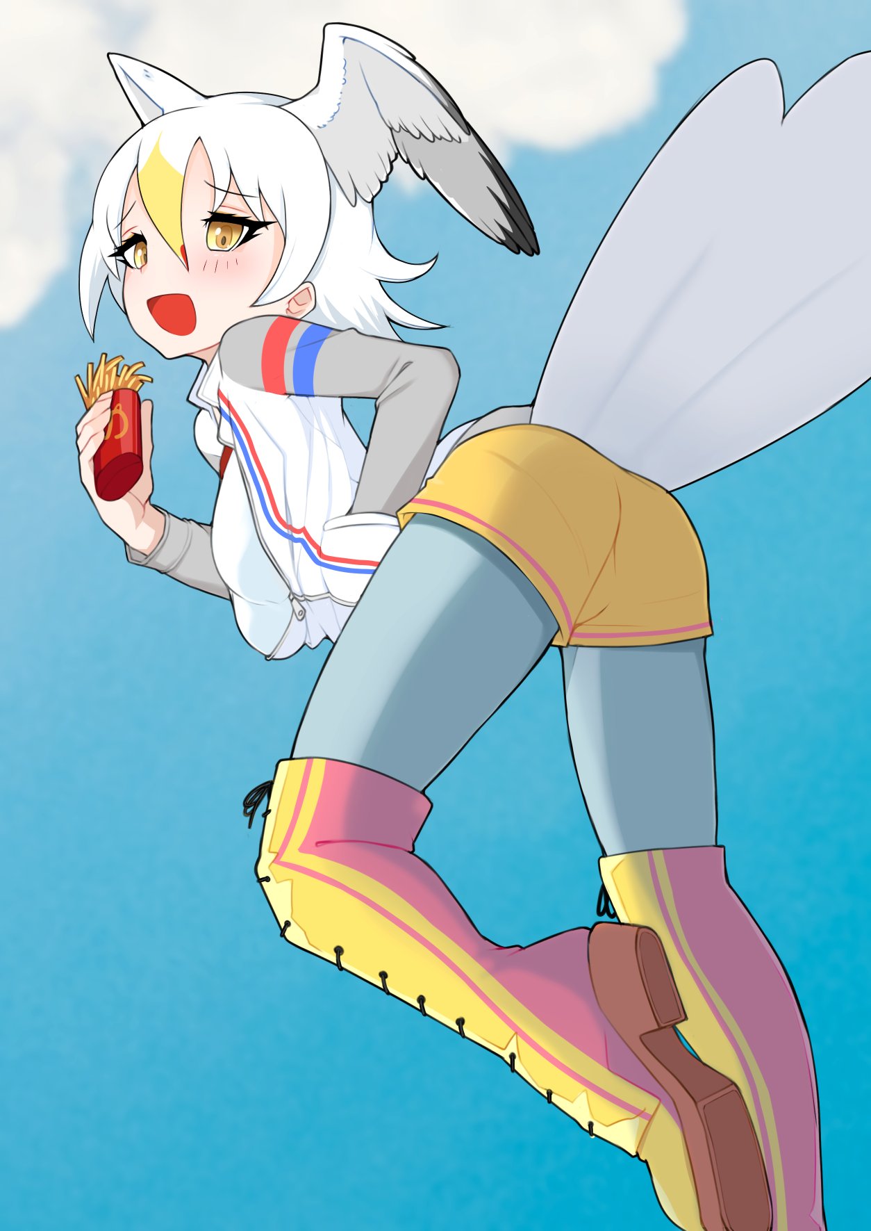 1girl american_herring_gull_(kemono_friends)_(runabourburnout) bird_girl bird_tail bird_wings blonde_hair blue_pantyhose blue_stripes blush boots borrowed_character food french_fries grey_sleeves hair_between_eyes hand_in_pocket head_wings highres illu_(illu_stratos) jacket kemono_friends knee_boots long_sleeves looking_at_viewer multicolored_hair open_mouth original pantyhose partially_unzipped pink_footwear red_stripes redhead shirt short_shorts shorts sidelocks solo tail two-tone_footwear white_hair white_jacket white_shirt wings yellow_eyes yellow_footwear yellow_shorts