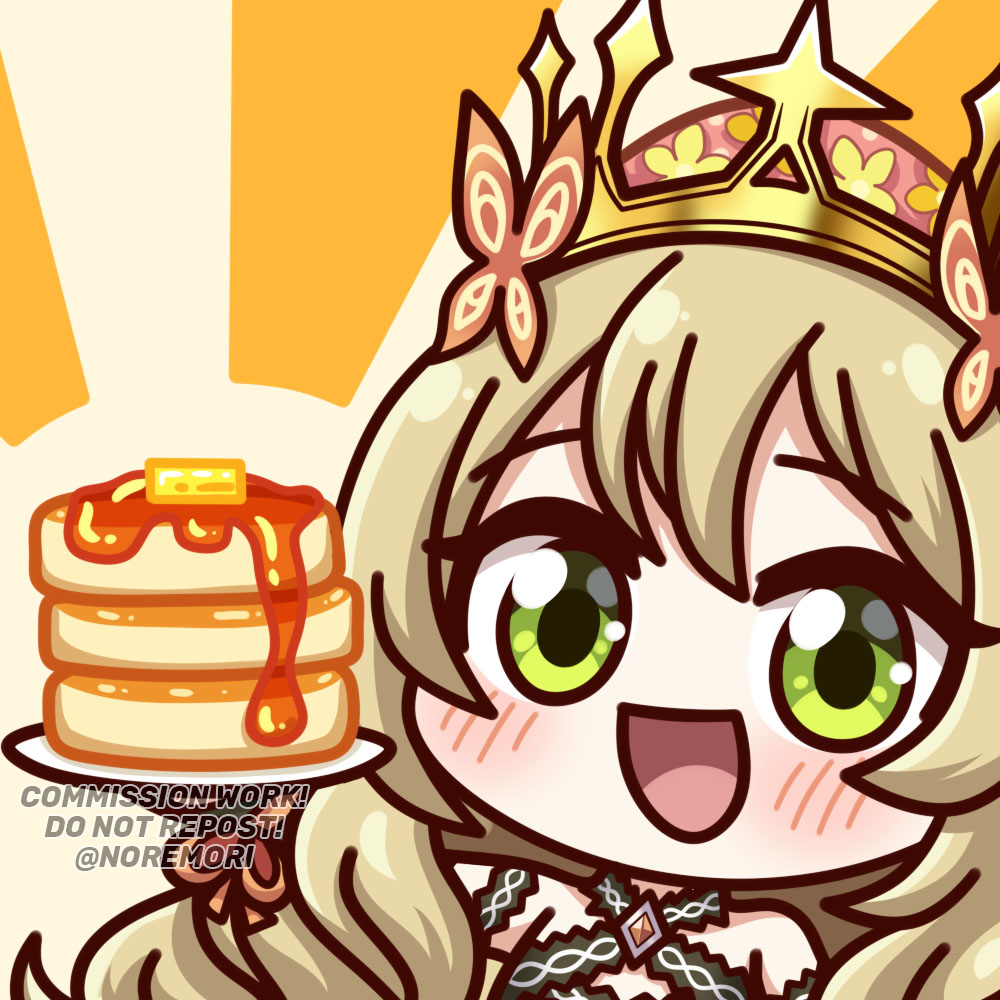 1girl :d bare_shoulders blonde_hair blush bow butter butterfly_hair_ornament celine_(fire_emblem) chibi commission crown fire_emblem fire_emblem_engage flower food green_eyes hair_flower hair_ornament holding holding_plate looking_at_viewer noredji open_mouth orange_bow pancake pancake_stack plate smile solo syrup twitter_username upper_body wrist_bow