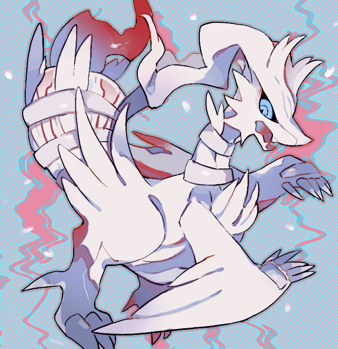 akadako animal_focus bags_under_eyes black_sclera blue_background blue_eyes claws colored_sclera commentary dragon fangs full_body jewelry looking_down neck_ring no_humans one-hour_drawing_challenge open_mouth outline pokemon pokemon_(creature) reshiram ringed_eyes skin_fangs solo standing