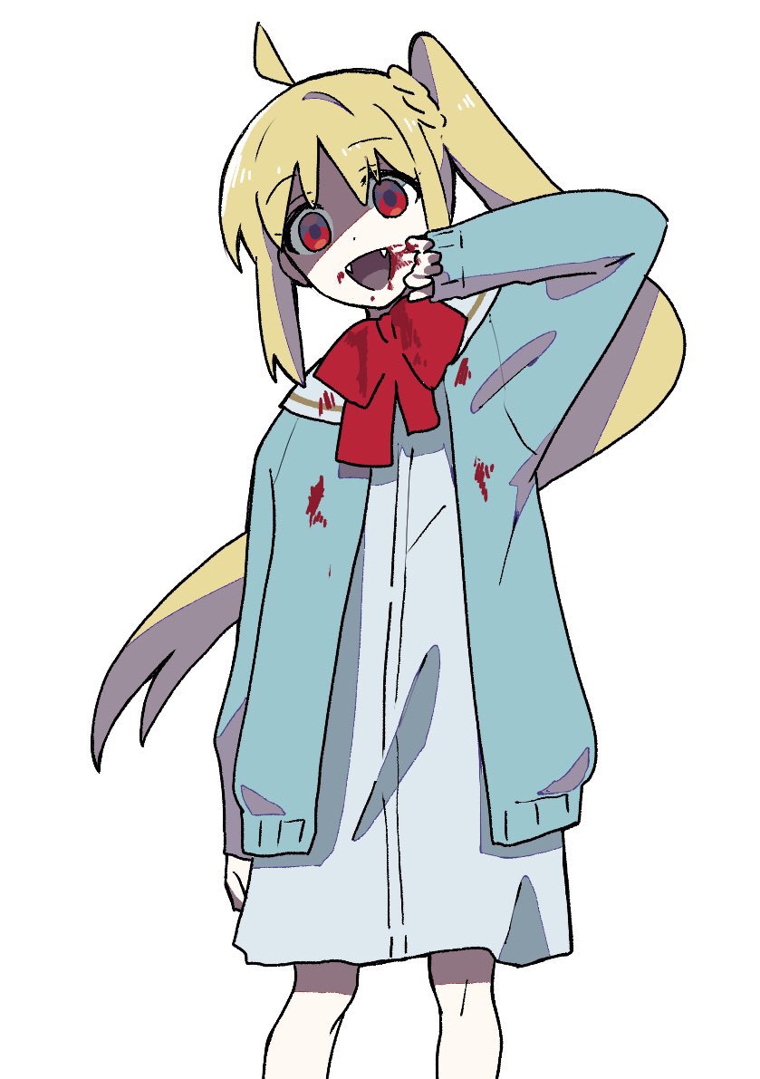 1girl ahoge blonde_hair blood blood_on_clothes blood_on_face blue_cardigan bocchi_the_rock! bow bowtie cardigan commentary_request crazy_smile dress empty_eyes fangs feet_out_of_frame grey_dress hand_up ijichi_nijika long_hair looking_at_viewer open_cardigan open_clothes pinching_sleeves red_bow red_bowtie red_eyes sailor_collar shaded_face short_dress side_ponytail simple_background solo standing straight-on totobe vampire very_long_hair white_background white_sailor_collar wiping_mouth