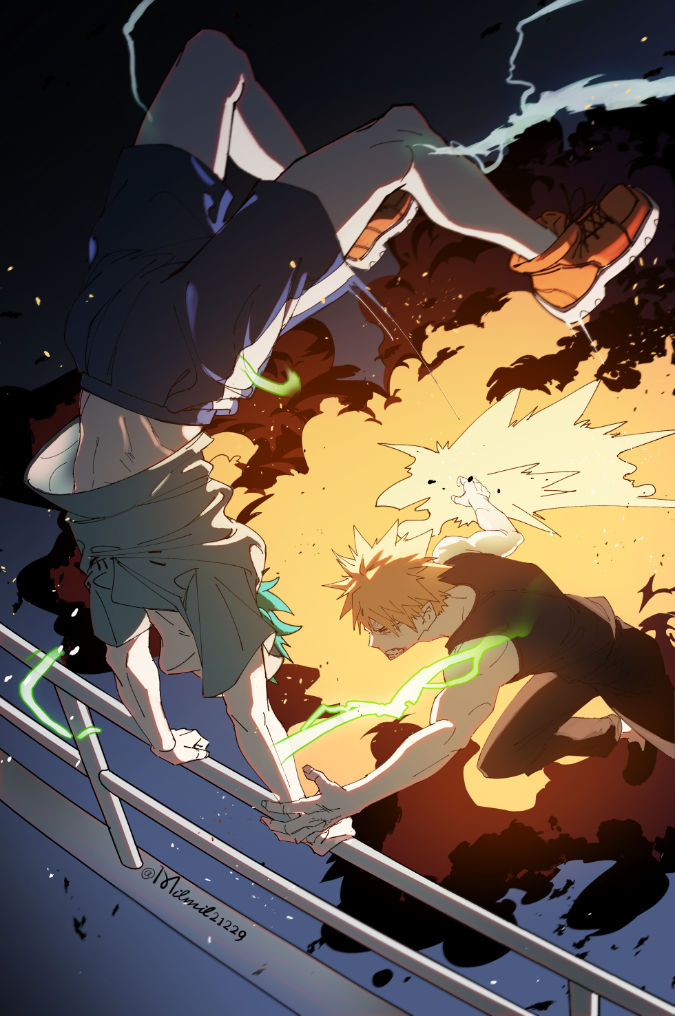 2boys arms_up bare_arms bare_shoulders battle black_pants black_tank_top blonde_hair blood blood_on_face blue_shirt blue_shorts blurry boku_no_hero_academia cel_shading clenched_teeth clothes_lift clothes_writing covered_face cross-laced_footwear dated_commentary depth_of_field duel electricity embers explosion foot_out_of_frame from_side full_body furrowed_brow glowing green_hair hand_on_railing hands_up highres instagram_username leaning_forward legs_up light lofter_username male_focus midair midoriya_izuku milmil_(wa_ten'nendesu) multiple_boys navel outdoors outstretched_arms pants profile railing red_eyes red_footwear running scratches serious shirt shirt_lift shoes short_hair short_sleeves shorts sideways_mouth single_vertical_stripe sleeveless smoke sneakers somersault spiky_hair spoilers t-shirt tank_top teeth twitter_username upside-down