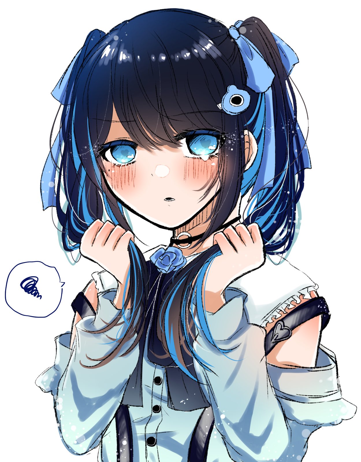 1girl ado_(singer) black_choker black_hair blue_eyes blue_hair blue_ribbon blue_shirt choker clothing_cutout commentary_request darling_dance_(vocaloid) frills hair_between_eyes hair_ornament hair_ribbon heart heart-shaped_pupils highres jirai_kei light_particles long_hair long_sleeves looking_at_viewer multicolored_hair niconico o-ring o-ring_choker parted_lips puffy_sleeves ribbon shirt shoko_(gs_music11) shoulder_cutout simple_background solo spoken_squiggle squiggle streaked_hair swept_bangs symbol-shaped_pupils tearing_up twintails upper_body utaite_(singer) white_background