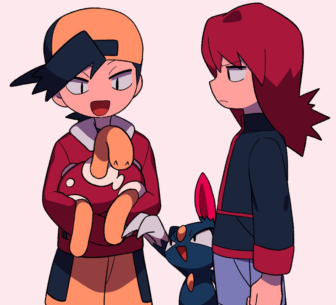 2boys black_eyes black_hair black_jacket closed_mouth ethan_(pokemon) holding holding_pokemon jacket long_hair long_sleeves male_focus multiple_boys pants pokemon pokemon_(creature) pokemon_(game) pokemon_gsc red_jacket redhead short_hair shuckle silver_(pokemon) sneasel standing tyako_089
