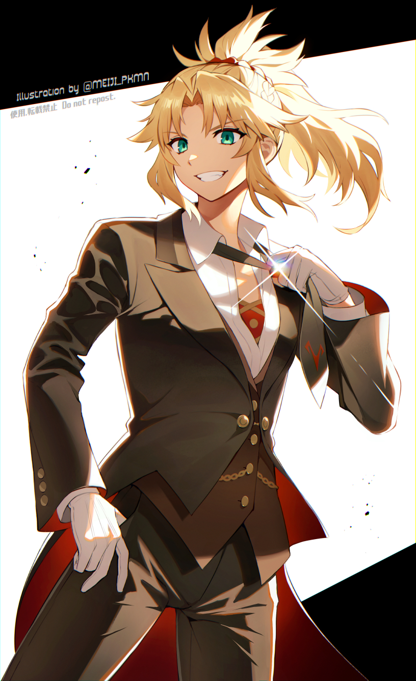 1girl black_background black_necktie blonde_hair braid brown_jacket brown_pants collared_shirt cowboy_shot fate/grand_order fate_(series) gloves green_eyes grin hair_ornament hair_scrunchie highres jacket long_hair looking_at_viewer meiji_ken mordred_(fate) necktie necktie_grab neckwear_grab pants ponytail red_jacket red_scrunchie scrunchie shirt smile solo teeth two-sided_fabric two-sided_jacket white_background white_gloves white_shirt