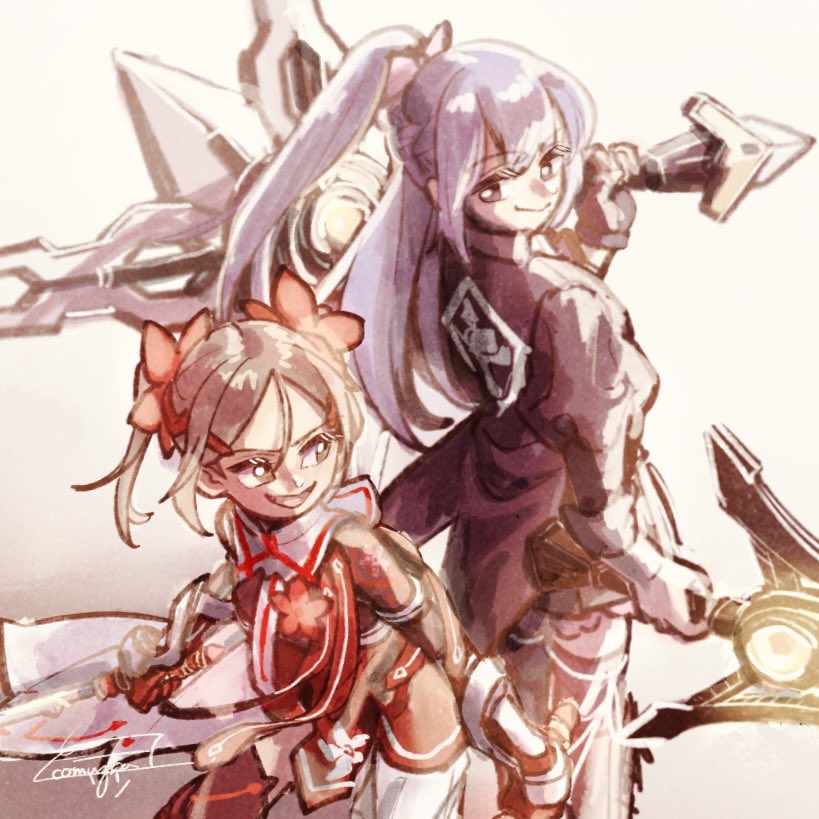 2girls arm_at_side artist_name assault_lily black_jacket black_thighhighs bow braid bright_pupils brown_eyes brown_hair closed_mouth commentary crossover dark_skin dress dual_wielding french_braid fukuyama_jeanne_sachie gloves gradient_background grey_background hair_between_eyes hair_bow hair_ornament hairclip half_updo hand_up holding holding_sword holding_weapon jacket juliet_sleeves komuzuka leg_ribbon long_hair long_sleeves looking_ahead looking_at_another looking_to_the_side ludvico_private_girls'_academy_school_uniform miyoshi_karin multiple_girls open_mouth over_shoulder pink_bow puffy_sleeves purple_hair red_dress red_gloves ribbon school_uniform short_hair sideways_glance signature smile standing sword symbol-only_commentary thigh-highs thigh_ribbon twintails weapon weapon_over_shoulder white_background white_pupils white_ribbon yuuki_yuuna_wa_yuusha_de_aru yuusha_de_aru