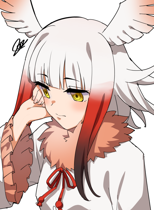 1girl bird_girl bird_wings black_hair blunt_bangs blush bow bowtie commentary frilled_sleeves frills fur_collar hand_in_own_hair hatagaya head_wings japanese_crested_ibis_(kemono_friends) kemono_friends long_sleeves multicolored_hair pink_fur red_bow red_bowtie redhead shirt short_hair sidelocks solo white_hair white_shirt wings yellow_eyes