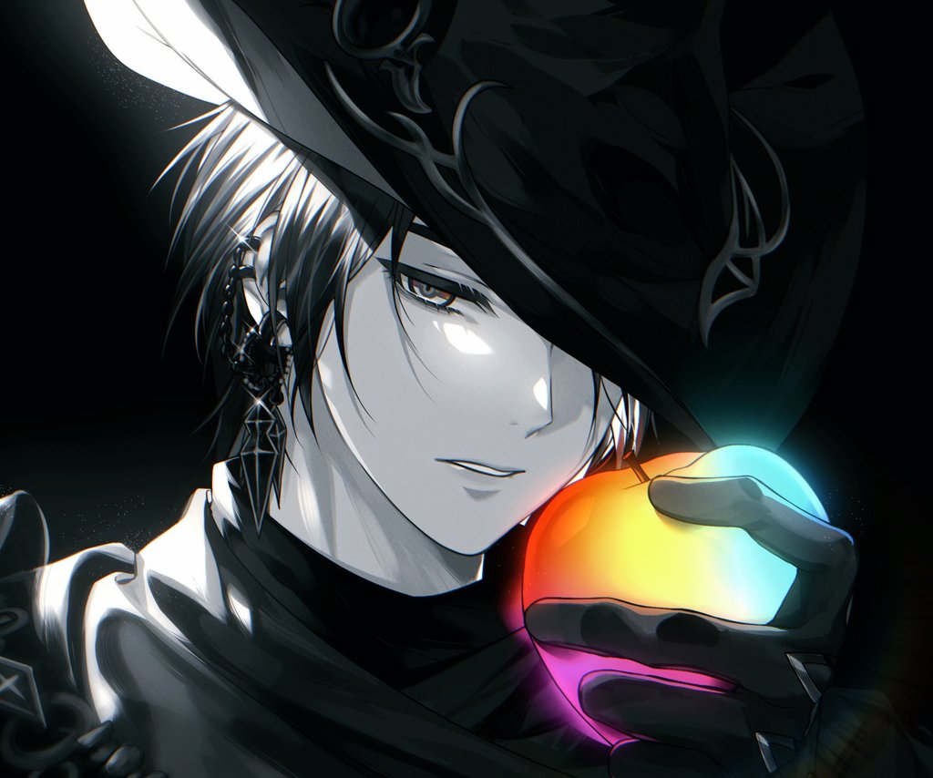 1girl androgynous apple black_background black_gloves black_headwear commentary ear_piercing earrings final_fantasy final_fantasy_xiv food fruit glint gloves glowing grey_eyes greyscale half-closed_eyes hand_up hat hat_over_one_eye holding holding_food holding_fruit jewelry looking_at_viewer monochrome one_eye_covered parted_lips piercing portrait rainbow_gradient reaper_(final_fantasy) reverse_trap selloum short_hair solo spot_color tricorne zero_(ff14)