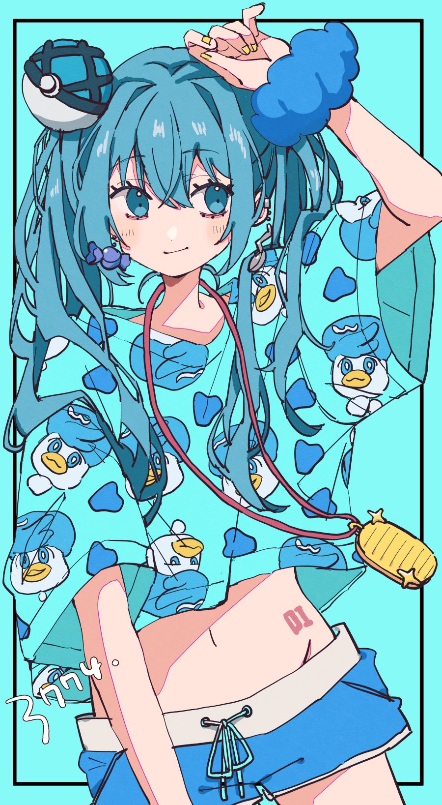 1girl blue_eyes blue_hair blue_shorts blush bokarokaku character_print commentary crop_top earrings hatsune_miku highres jewelry long_hair midriff necklace pokemon quaxly shorts smile solo twintails vocaloid yellow_nails